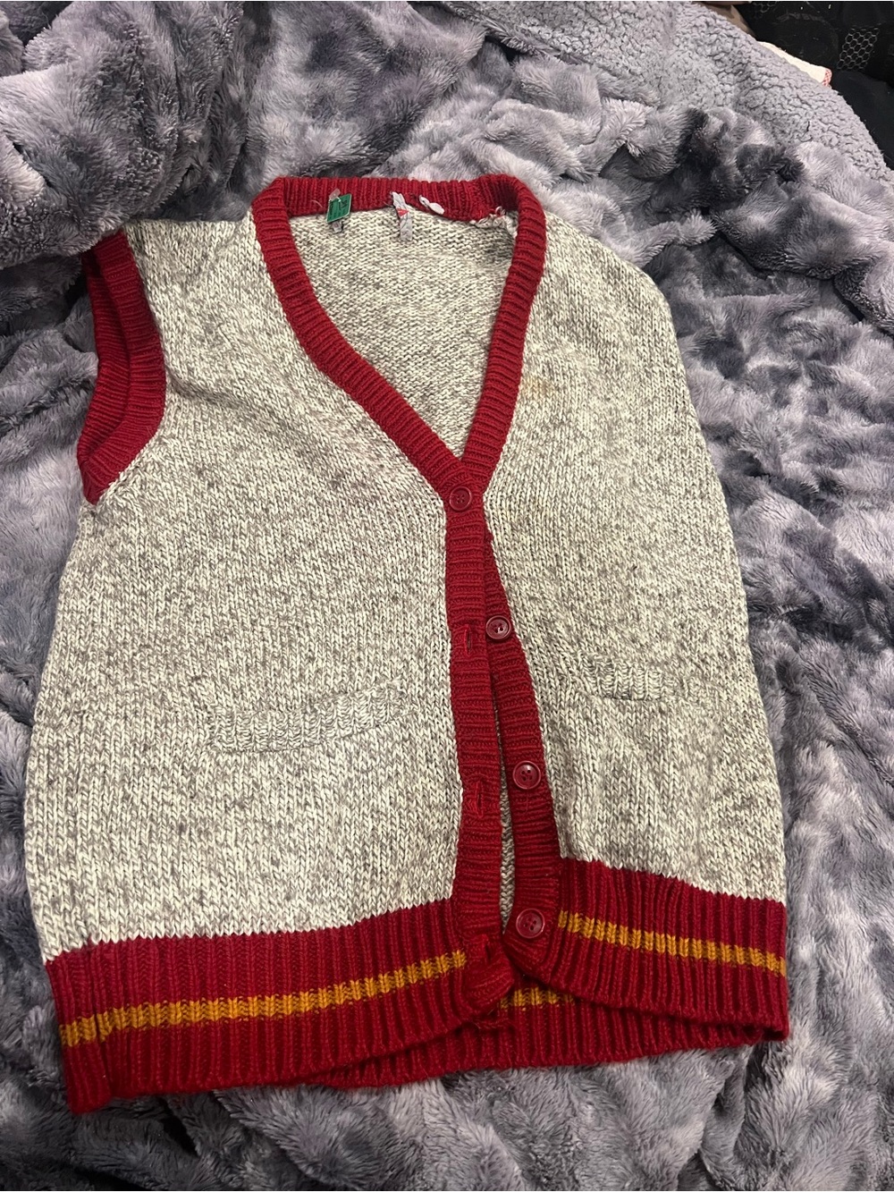 Gray and Red Knit Button-Front mens Sweater Vest